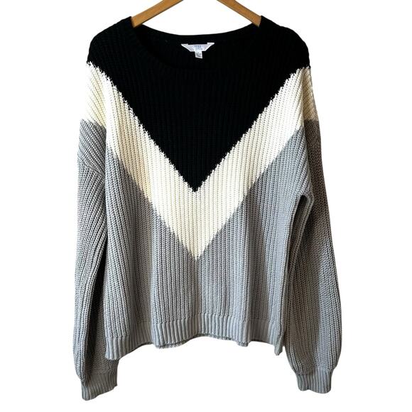 Time and Tru Chevron Pullover Knit Sweater Large 12-14 Gray Black White Cozy - Picture 1 of 10
